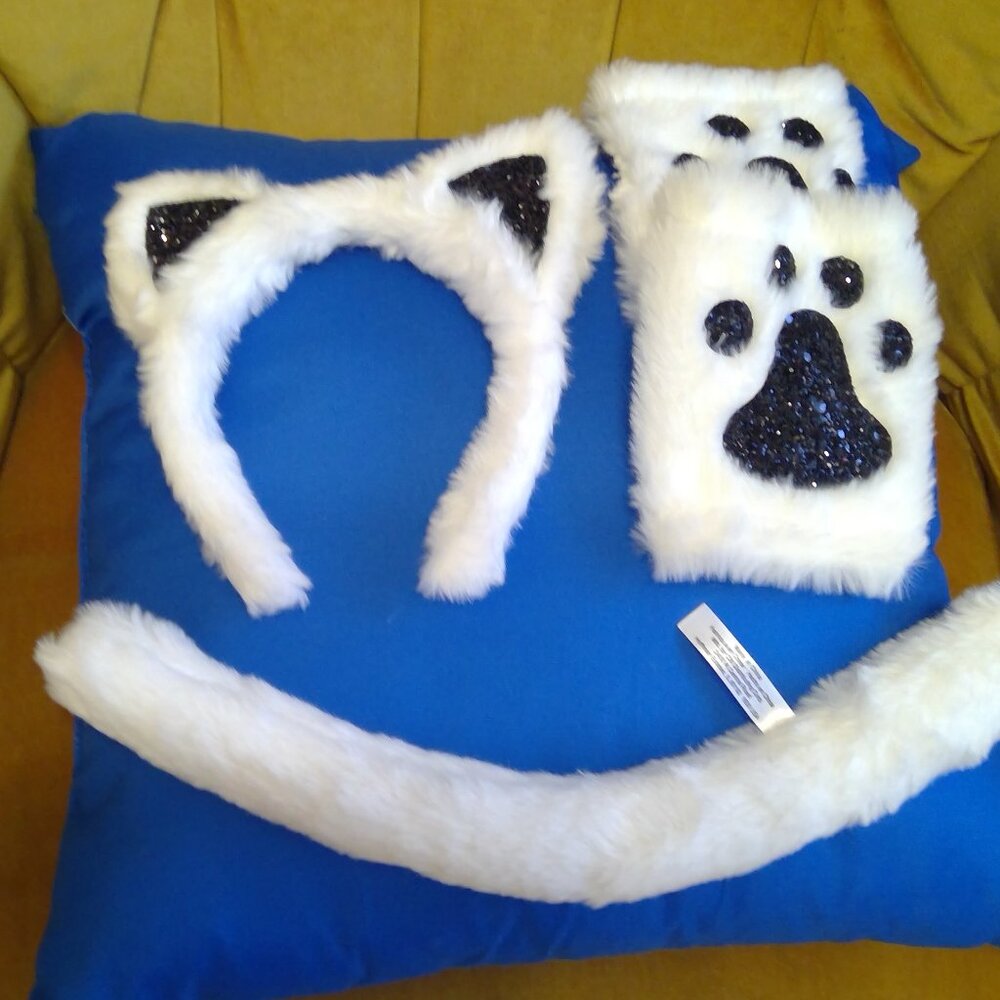 Tuxedo Kitty Ears Headband, Paw Print Gloves, and pin on Tail Costume Set